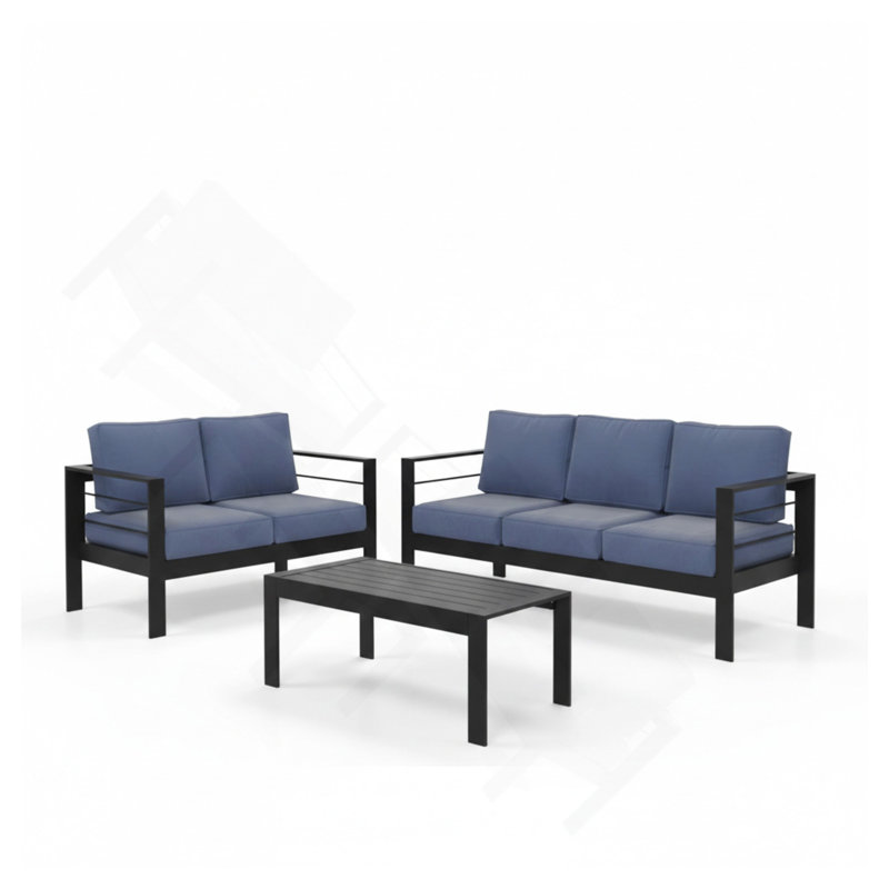 Ensemble de conversation de patio 3 pièces en aluminium 3 pièces, canapé d'extérieur 5 places avec coussins bleus épais et structure noire et table basse