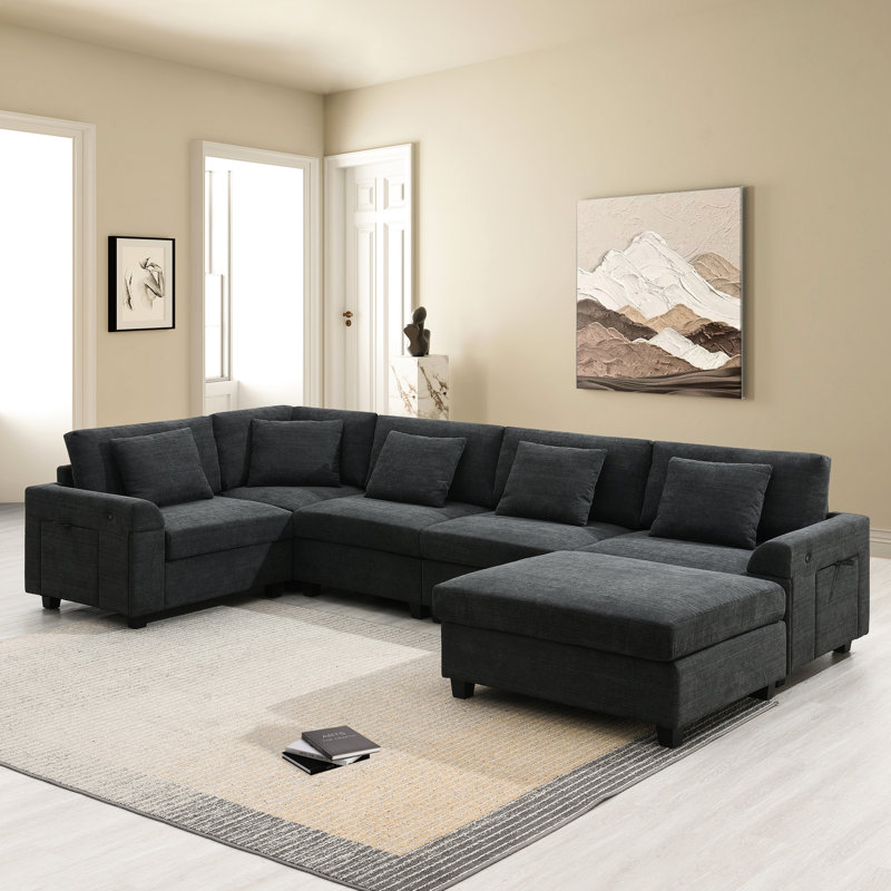 Chenille 6 places en forme de U, avec rangement amovible pour accoudoirs, porte-gobelets et ports pour canapé d'ambiance décontracté en chenille, mobile et relaxant