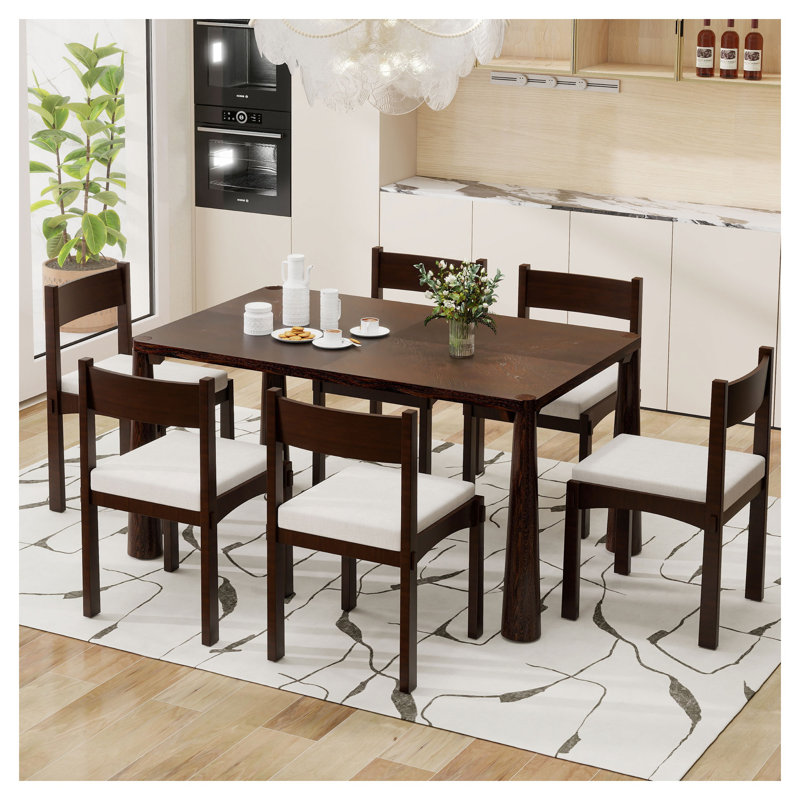 Ensemble de table de salle à manger pour 6 personnes Trexm, finition bois espresso avec fabrication en bois massif, Beige