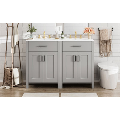 Modern 48-Inch Bathroom Vanity Featuring A Ceramic Sink, Solid Wood Frame, And Adjustable U-Shaped Shelf For Essentials Double With Dual Sinks, Quiet Soft-Close Function, Flip Drawer Toiletries