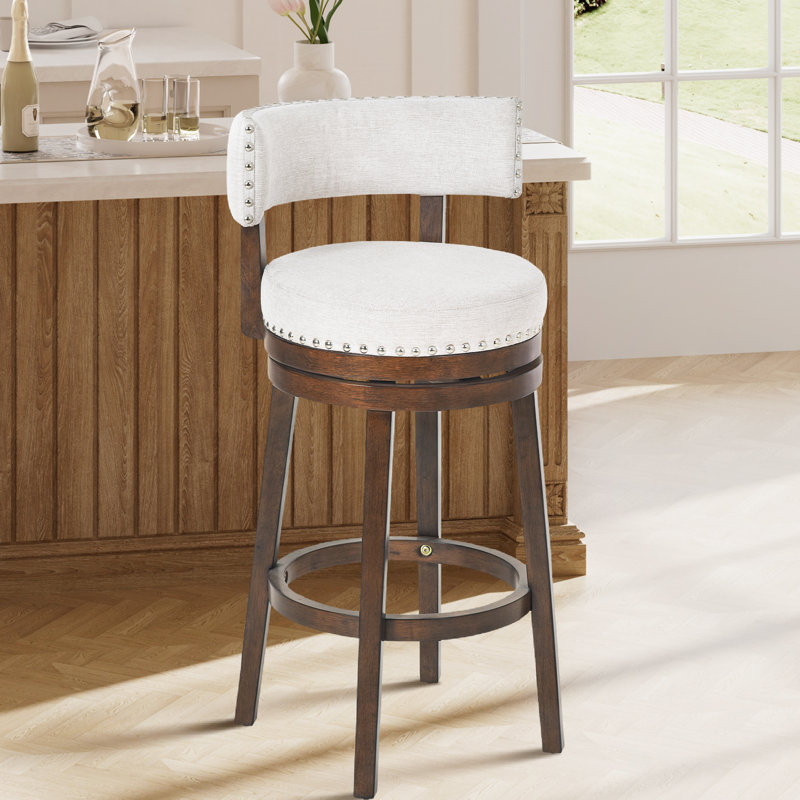 24" Counter Height Upholstered Swivel Stool, 360° Rotating Kitchen Island Stool with Padded Seat & Backrest, Solid Wood Frame, Footrest, Nailhead Trim