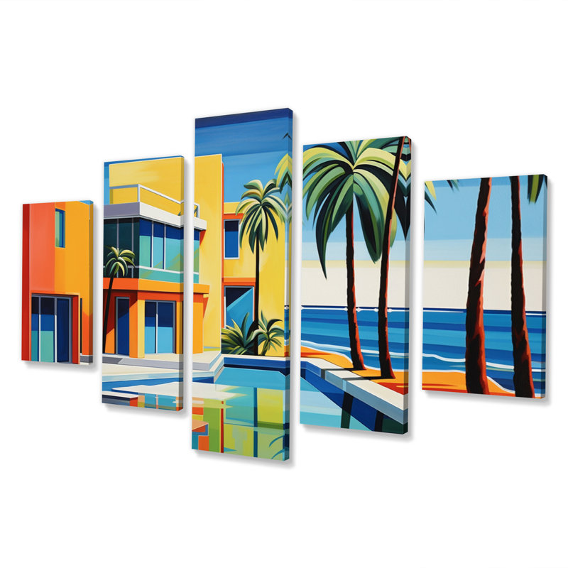 Pop Art Palm Beach en couleur III - décoration murale nautique et plage - 5 panneaux