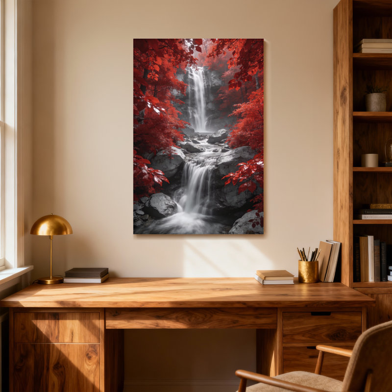 Plantes et fleurs, feuilles rouges, cascade, scène de forêt en noir et blanc, H 32 po x l 48 po