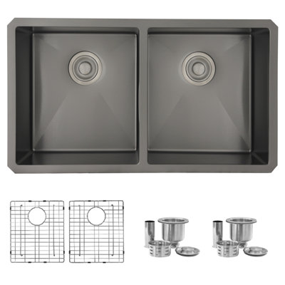 STYLISH 32 inch Double Bowl Undermount Kitchen Sink with Grids and Basket Strainers