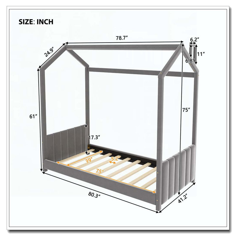 Lit en bois Velvet House, gris, Simple