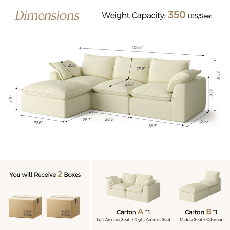 Boneless 105.5" Cloud Boneless Sectional Couch L-Shaped, Modular Cloud Couch with Deep Seat & Back Pillow, Compressed Sofa with Ottoman for Living Room Bedroom, Free Combination, No Assembly Required
