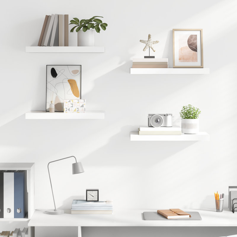 Wall Shelf  Wall Mounted Display Shelf for Photo Frame Set of 4, 1.5" H x 19.7" W x 9.1" D, High Gloss White, 4