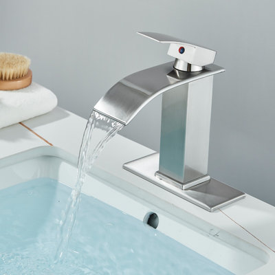 Mosson Brushed Nickel Waterfall Bathroom Faucet Set of 2 with Single Handles and Square Deck Plates