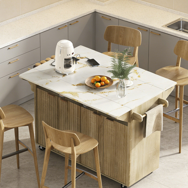 Îlot de cuisine cannelé de 55,5 po avec plateau en faux marbre et 2 abattants, chariot de rangement roulant pour cuisine avec prise de courant pour salle à manger
