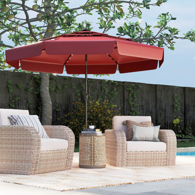 10 Ft Solar Patio Umbrella With 32 Led Lights 3-tier Vented Top & Ruffles