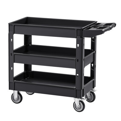 Chariot utilitaire, 3 tablettes 17,91 po x 13,39 po x 32,68 po avec roulettes pivotantes à 360 ° (2 avec freins), tablette à bord moyen, poignée de rangement ergonomique pour entrepôt / garage / noir de nettoyage