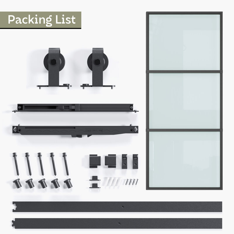 Black Aluminum and Frosted Glass Sliding Barn Door with Installation Kit