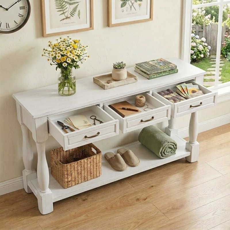 Wood Console Table With 3 Drawers And 5 Bottom Shelf For Entryway Hallway Extra-Thick Sofa Table, Antique White