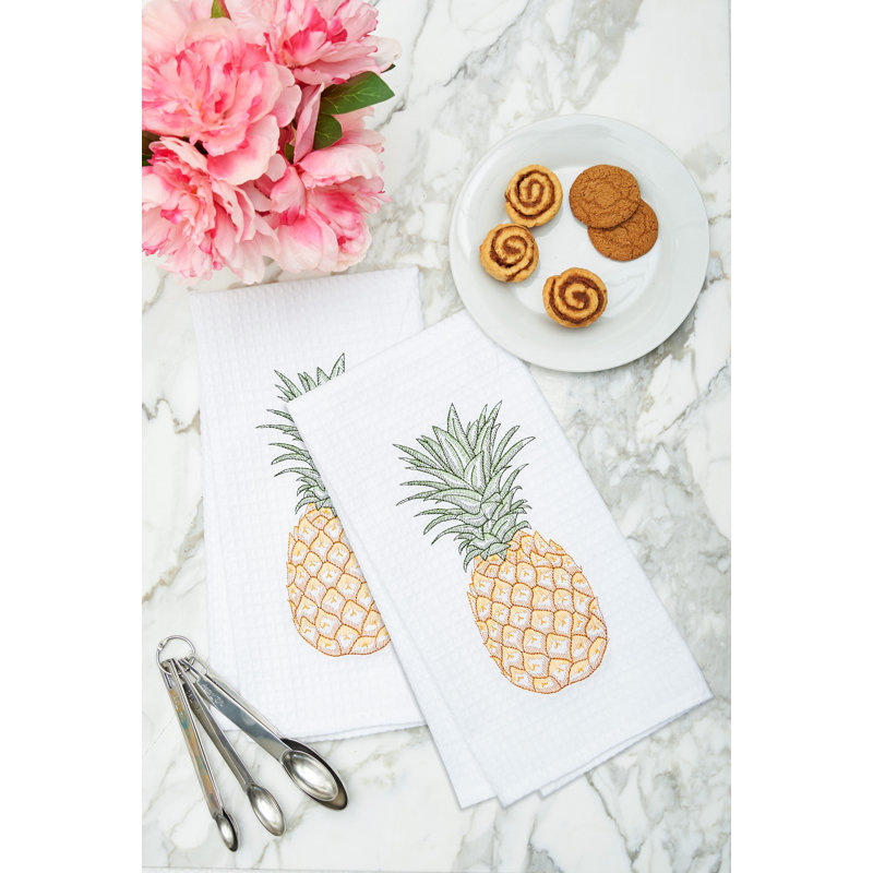 Tropical Pineapple Embroidered Waffle Weave Kitchen Dishtowel