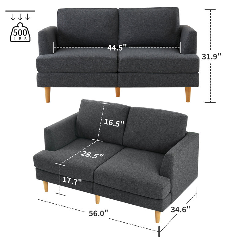 Yannel 57'' Linen Square Arm Loveseat, Dark Gray