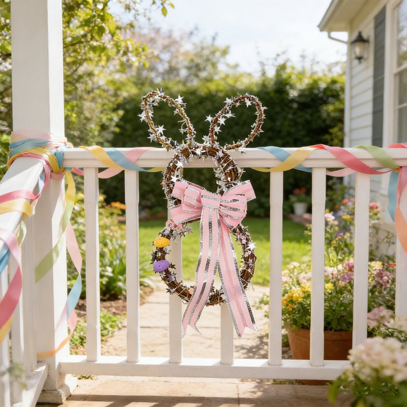 Couronne de lapin de Pâques - couronne en forme de petit lapin avec décorations d'œuf et d'arc rose, décoration de Pâques à la porte d'entrée, couronnes de printemps pour la maison et le porche
