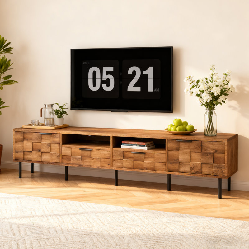 78.7" Mid-Century TV Stand for 85 inch TVs, Media Console with 2 Drawers & Open Storage,Cable Management, Natural