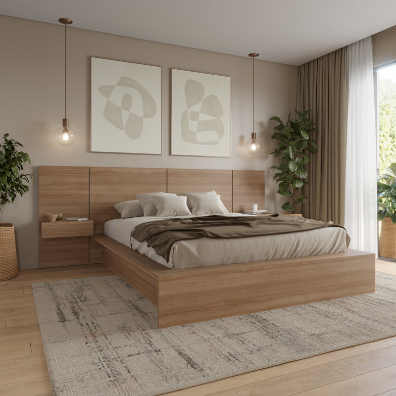 James 3 Piece Bedroom Set with Bed and 2 Floating Nightstands, Brown, Queen
