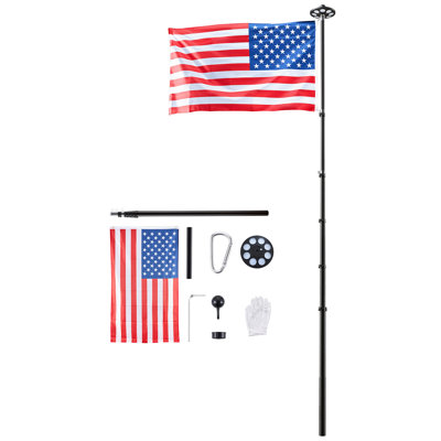 Mât de drapeau télescopique robuste de 6 m (20 pi) avec éclairage solaire à 136 DEL pour installation extérieure au sol, mât en aluminium avec drapeau américain 90 x 150 cm (3 x 5 pi) pour jardin, usage résidentiel et commercial, noir
