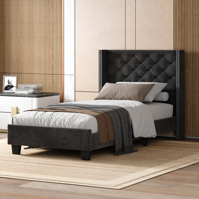 Meriton Wingback Upholstered , Metal frame, No Box Spring, Plywood Slats