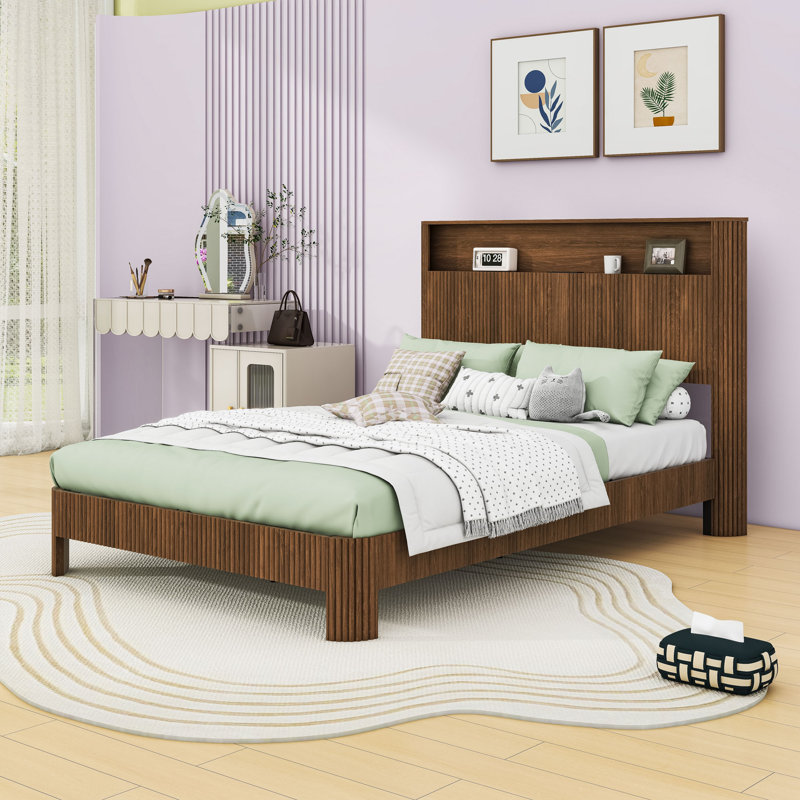 Lit plateforme en bois avec station de charge et tête de lit, Double XL, Noyers