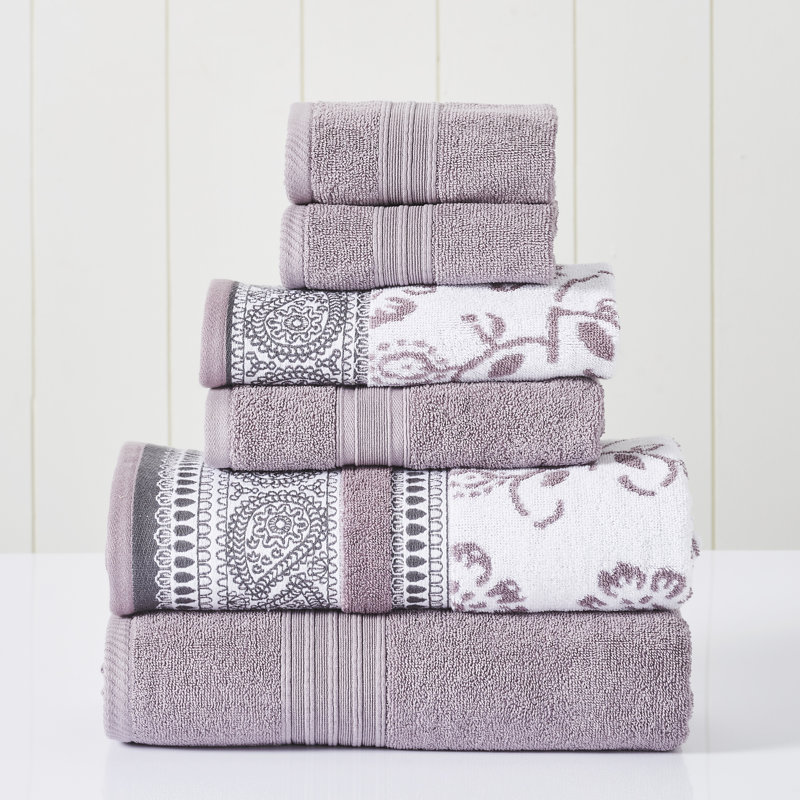 Modern Threads 6 Piece Set, 2 Bath Towels, 2 Hand Towels, 2 Washcloths Yarn Dyed Jacquard/Solid Towel Set Ophelia, Orchid