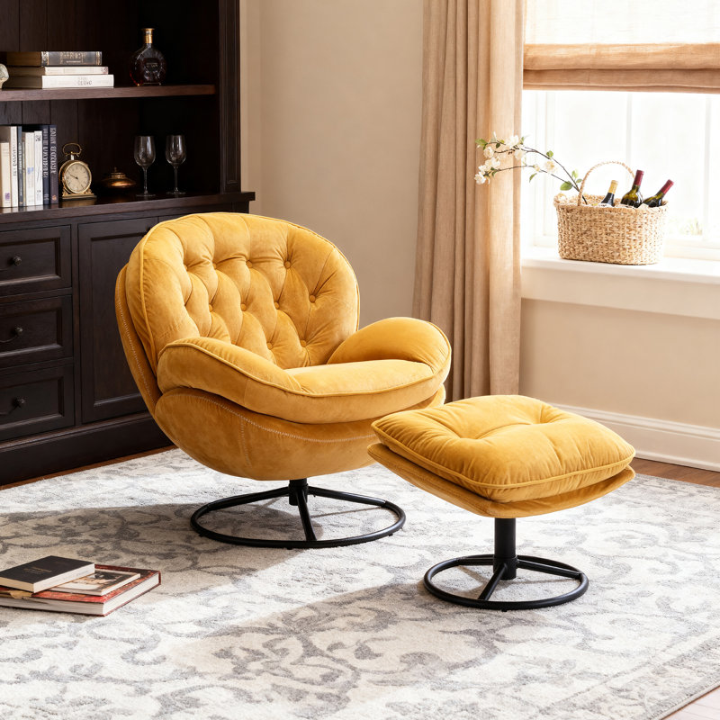 Anouk Tufted Back Type Swivel Base Accent Chair with Ottoman, Yellow Velvet