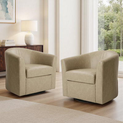 Upholstered Faux Leather Swivel Barrel Accent Chair  (Set of 2)