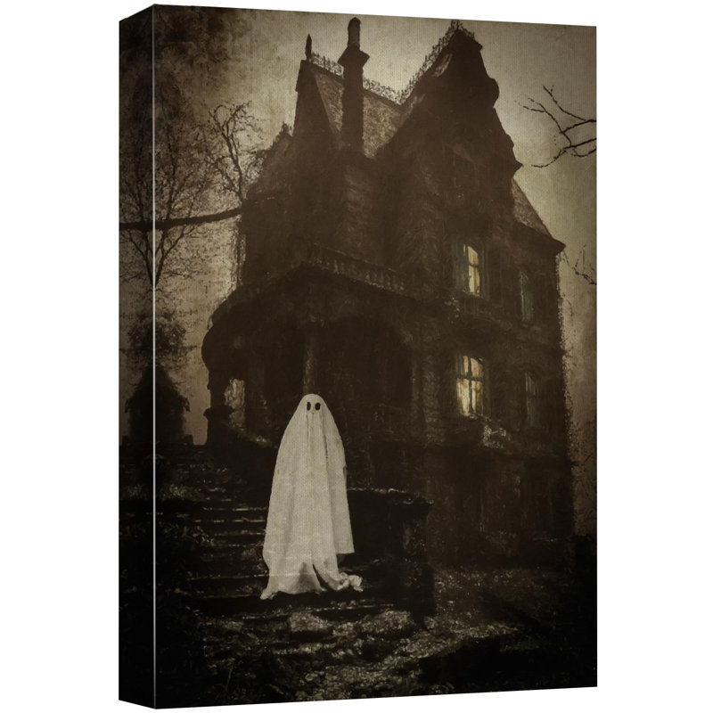 Moody Skull «Ghost In Front of Haunted House, reproduction d'art sur toile, décoration d'Halloween», Toile tendue