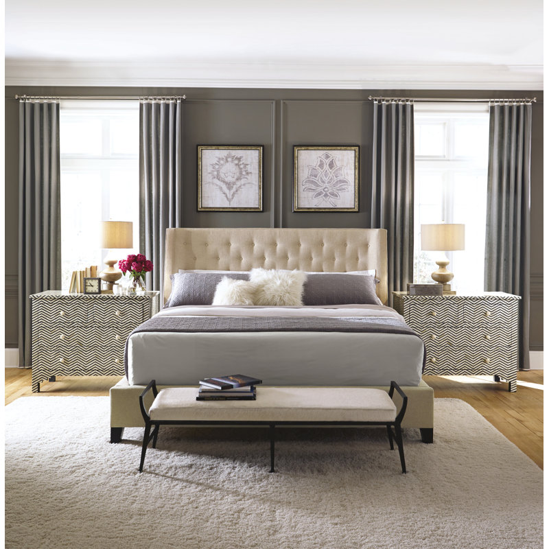 Beige Queen Upholstered Wood Frame Tufted Bed