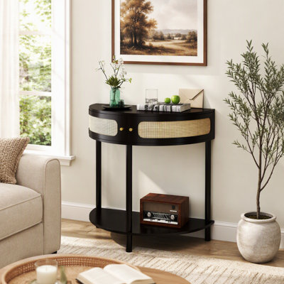 Table de bout unique en demi-lune avec porte coulissante en rotin, console élégante en demi-cercle avec 2 armoires de rangement en rotin et tablette inférieure pour le salon, la chambre à coucher, le bureau, le couloir