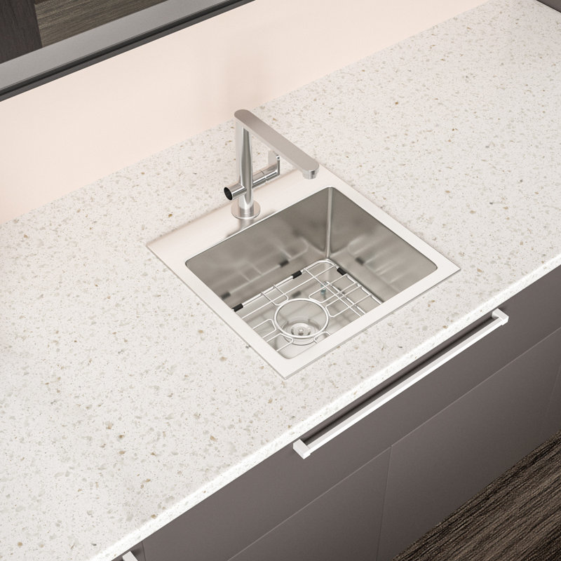 Stainless Steel Drop In Basin 15X15x9", 16 Gauge, & Quiet, X-Shaped Water Guide, With Dish Grid And Installation Instruction Kitchen Sink Wear-, Noise Reduction Pad, Included Drain Assembly