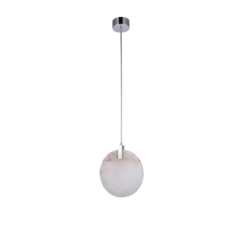 Luminaire suspendu 1 lumière DEL en acier inoxydable chromé avec albâtre espagnol rond, Chrome