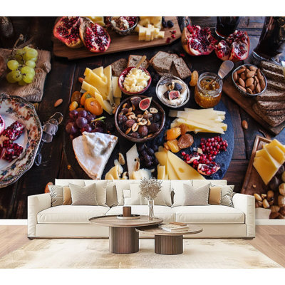 Peel and Stick Wallpaper Appetizers table Cheese variety board tropical fruits nuts Wall Murals 69"H x 96"W Removable PVC Wall Paper Self-Adhesive Wall Paintings Art Decor for Bedroom Living Room