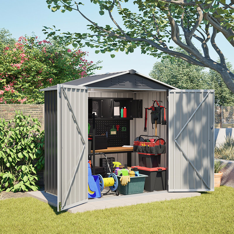 Remise de rangement extérieure en métal durable 6 x 4 pi avec porte verrouillable et toit imperméable pour l'organisation de la cour et du jardin