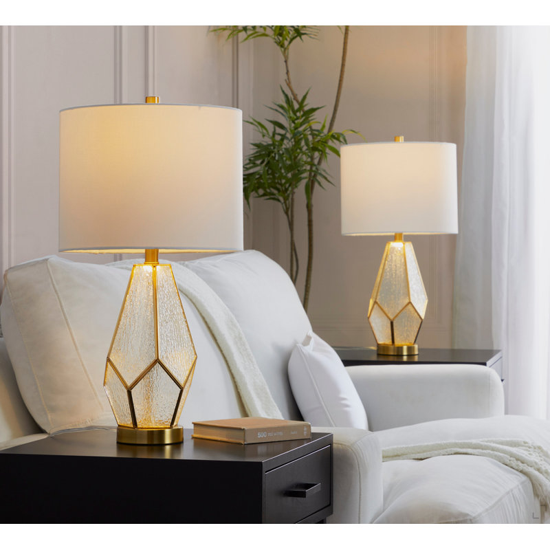 Lampe de table 25 "en verre et métal blanc avec abat-jour en lin blanc Glass - ensemble de 2