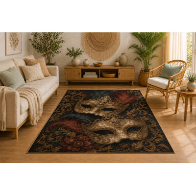 Tapis de carnaval vénitien « ultra léger » 152 x 213 cm, motif floral baroque, doux et à poils courts, avec envers antidérapant en silicone, idéal pour le salon, la chambre ou le bureau.