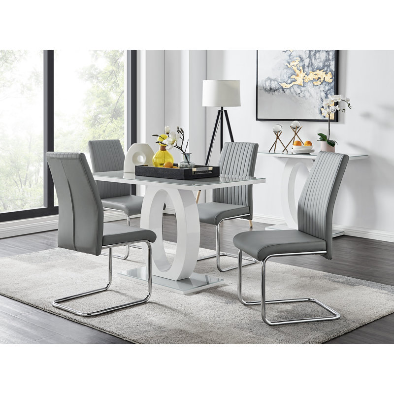 Scottsmoor Modern High Gloss & Glass Dining Table with 4 Luxury Faux Leather Chairs, Grey