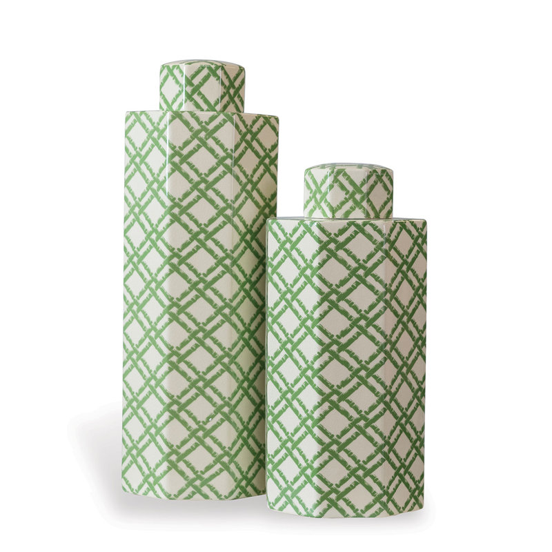 Pot en porcelaine bambou blanc / vert, H 16 po x l 7,5 po x P 7,5 po