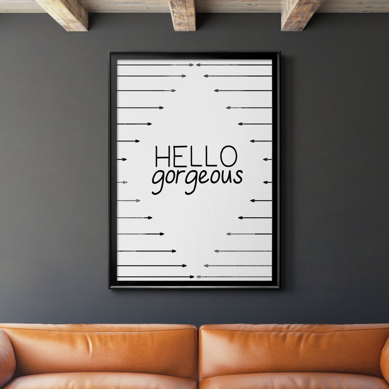 «Hello Gorgeous», art textuel sur toile, H 30,5 po x l 42,5 po x P 1,5 po, Cadre noir