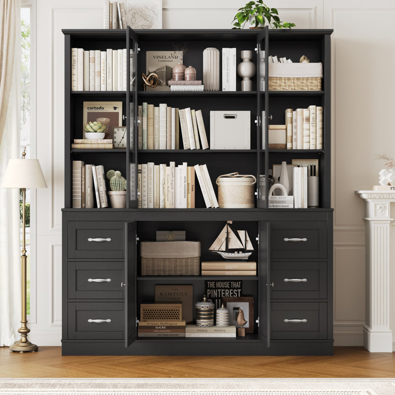 63" Wood Bookcase With Glass Doors & Drawers, Black