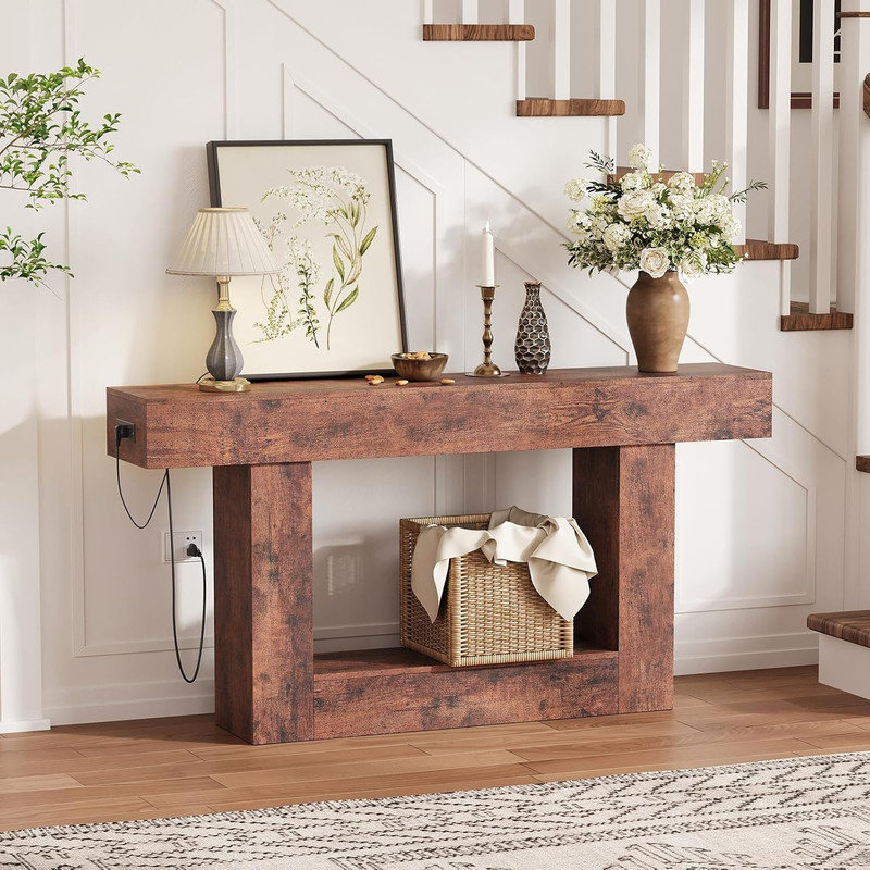 63-inch Narrow Console Table with Charging Station, 2-Tier Farmhouse Sofa Table for Entryway & Living Room, Brown, Brown