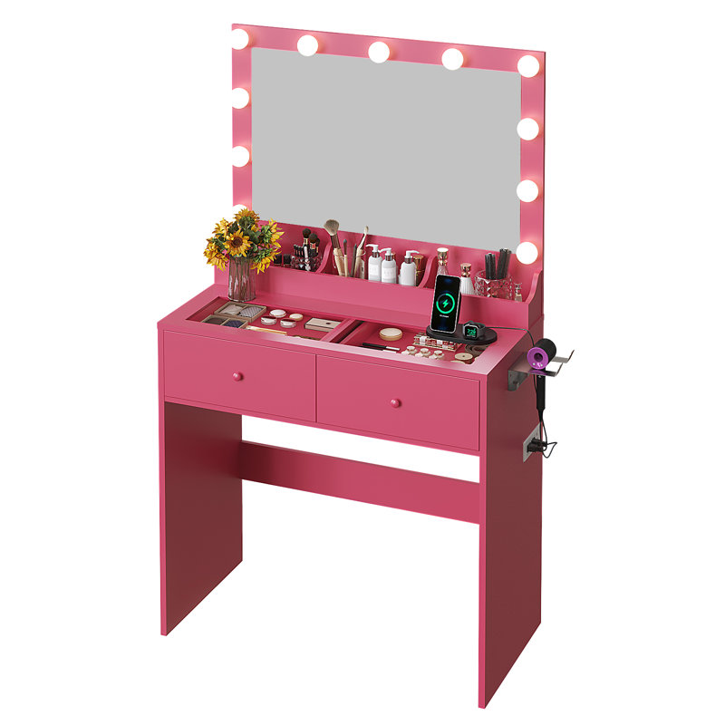 Vanity Desk with 3-Color Lights - Glass Top, 2 Drawers & Power Strip, Dark Pink