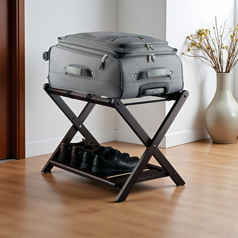 Solid Wood Luggage Rack with Shelf in Cappuccino Finish, 19.85'' H X 26.35'' W X 18.40'' D, Cappuccino