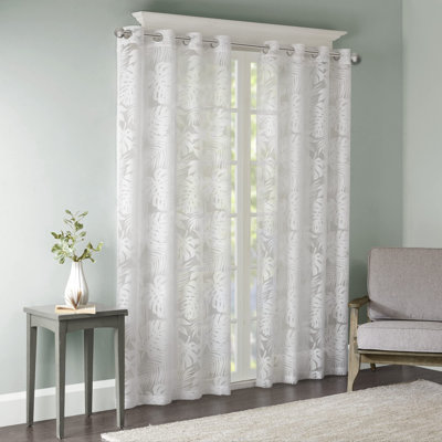 Semi Sheer Single Curtain Modern Contemporary Botanical Print Out Design, Grommet Top, Window Drape, 50X84", Tropical White