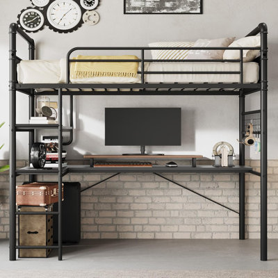 Lit superposé simple avec bureau en forme de L, structure en métal, garde-corps et échelle, noir rétro