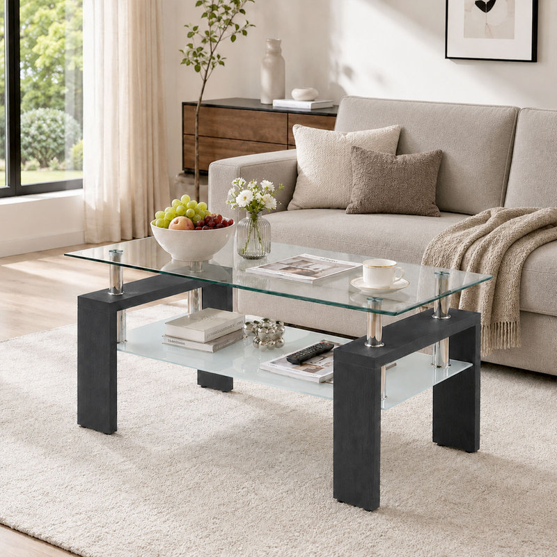 Table basse 34,7 x 18,9 à 2 niveaux avec plateau de rangement rectangulaire en verre trempé noir