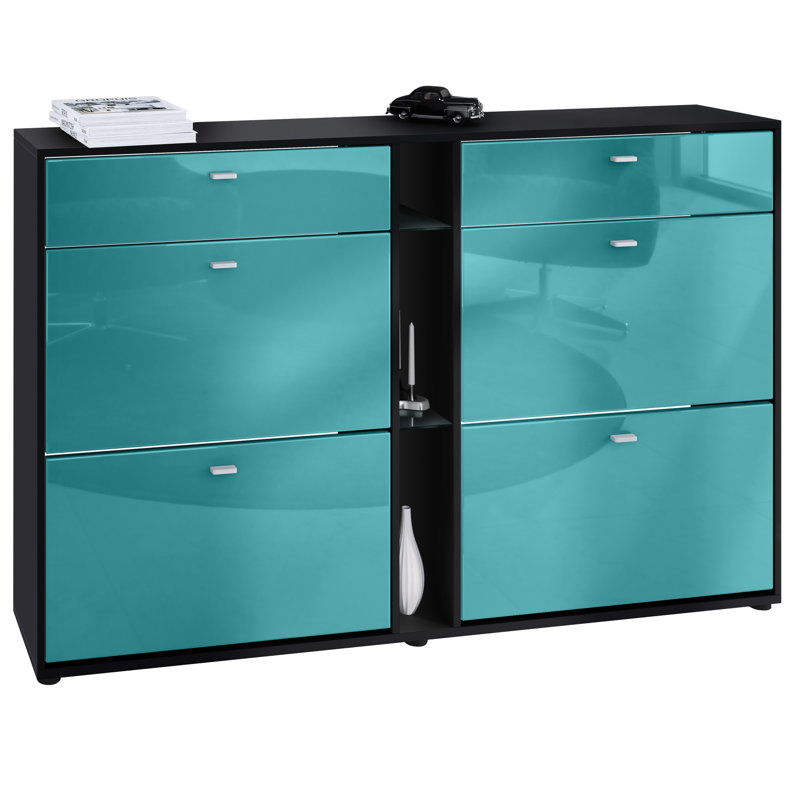 Agisilaos 32 Pair Flip Down Shoe Storage, Black Matt/Petrol High Gloss