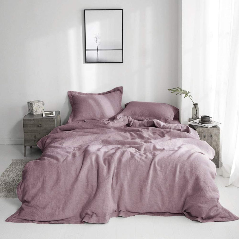 Ensemble de housse de couette 100% lin, Mauve, Housse de couette simple + 1 taie décorative