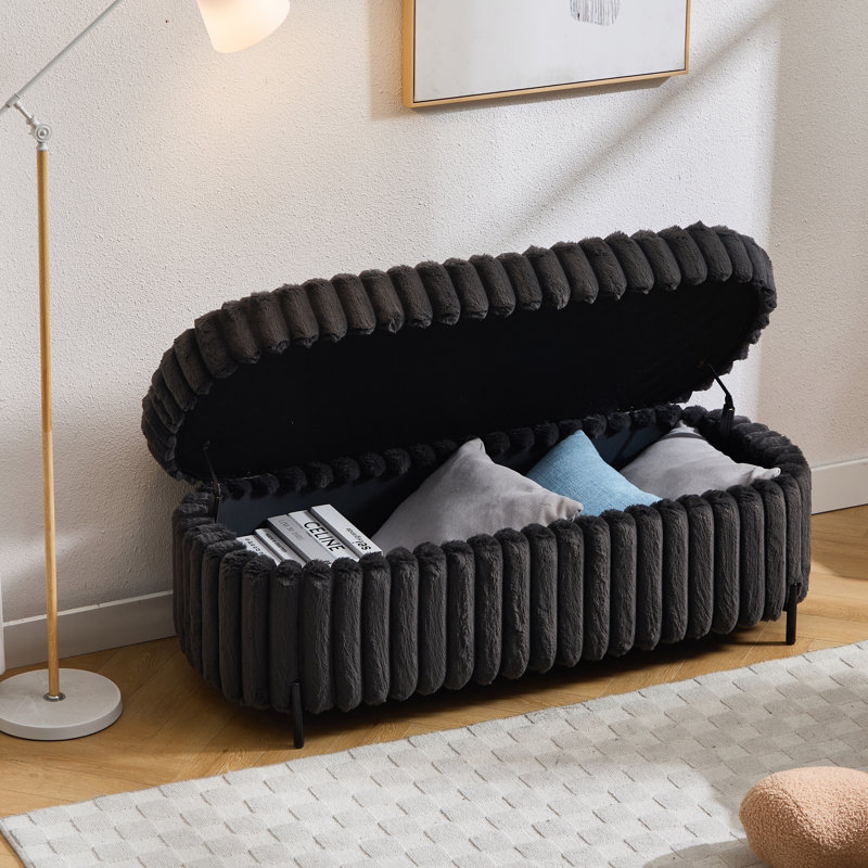 Faux Fur Flip Top Storage Bench with Black Metal Legs, Charcoal, 21.04" H x 49.58" W x 15.14" D